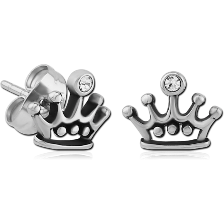 316L SURGICAL STEEL STUD EARRINGS CROWN OUTLINE DESIGN WITH SINGLE CLEAR GEM