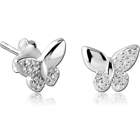 316L SURGICAL STEEL STUD EARRINGS BUTTERFLY DESIGN WITH PAVE CLEAR GEM WINGS