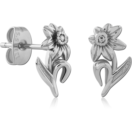 316L SURGICAL STEEL STUD EARRINGS BLOOMING FLOWER AND LEAF STEM ENGRAVED DETAILING