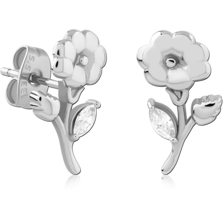 316L SURGICAL STEEL STUD EARRINGS FLOWER AND LEAF STEM WITH MARQUISE GEM