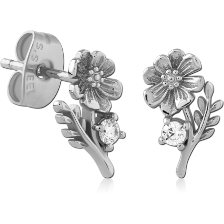 316L SURGICAL STEEL STUD EARRINGS FLOWER AND LEAF WITH ROUND GEM
