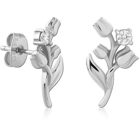 316L SURGICAL STEEL STUD EARRINGS TULIP BRANCH DESIGN WITH ROUND GEM