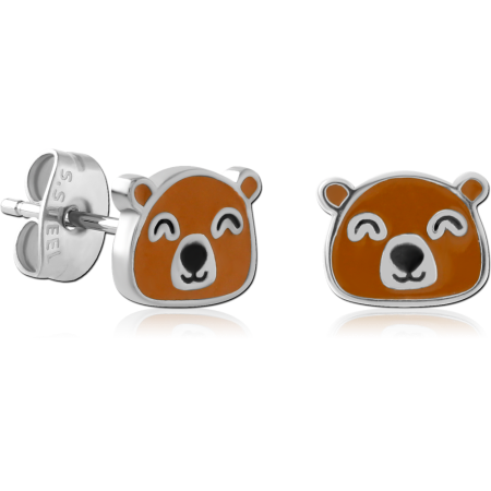 316L SURGICAL STEEL STUD EARRINGS ORANGE ENAMEL CARTOON BEAR FACE DESIGN