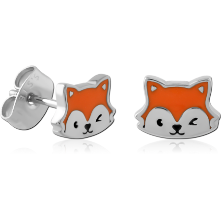 316L SURGICAL STEEL STUD EARRINGS PAIR ENAMEL FOX FACE WINKING