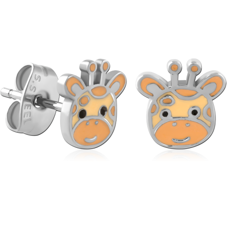 316L SURGICAL STEEL STUD EARRINGS YELLOW ENAMEL CARTOON GIRAFFE FACE DESIGN