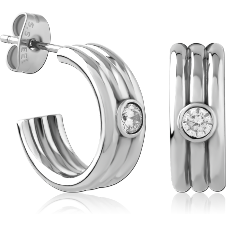 316L SURGICAL STEEL HALF HOOP STUD EARRINGS TRIPLE RIDGE WITH BEZEL GEM