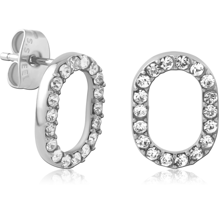 316L SURGICAL STEEL STUD EARRINGS OPEN OVAL OUTLINE WITH ROUND GEMS