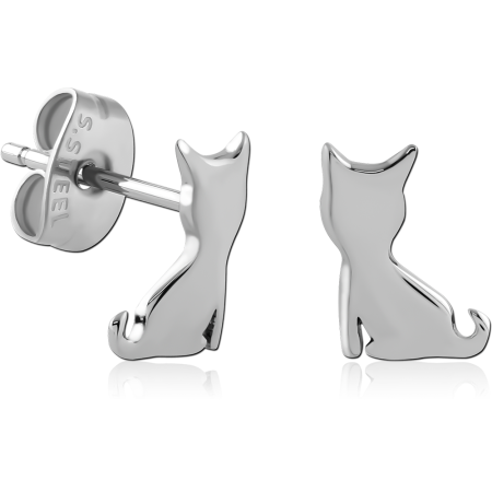 316L SURGICAL STEEL STUD EARRINGS POLISHED SITTING CAT SILHOUETTE PROFILE DESIGN