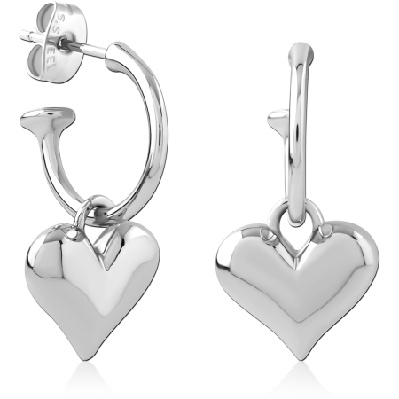 316L SURGICAL STEEL HOOP EARRINGS WITH DANGLING PUFFED HEART CHARM