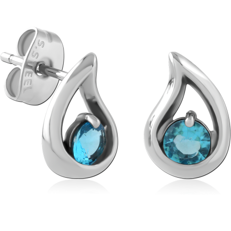 316L SURGICAL STEEL STUD EARRINGS TEARDROP FRAME LIGHT BLUE GEM