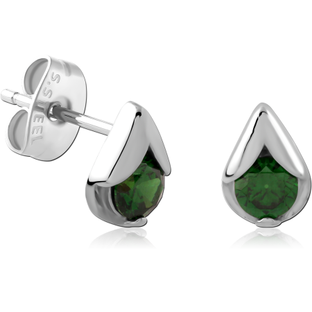 316L SURGICAL STEEL STUD EARRINGS TEARDROP CAP GREEN GEM