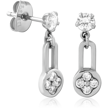 316L SURGICAL STEEL STUD EARRINGS DANGLE PADLOCK WITH FLOWER CLUSTER CLEAR GEMS