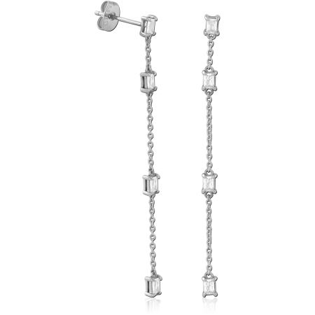 316L SURGICAL STEEL STUD EARRINGS LONG CHAIN DANGLE WITH BAGUETTE GEMS