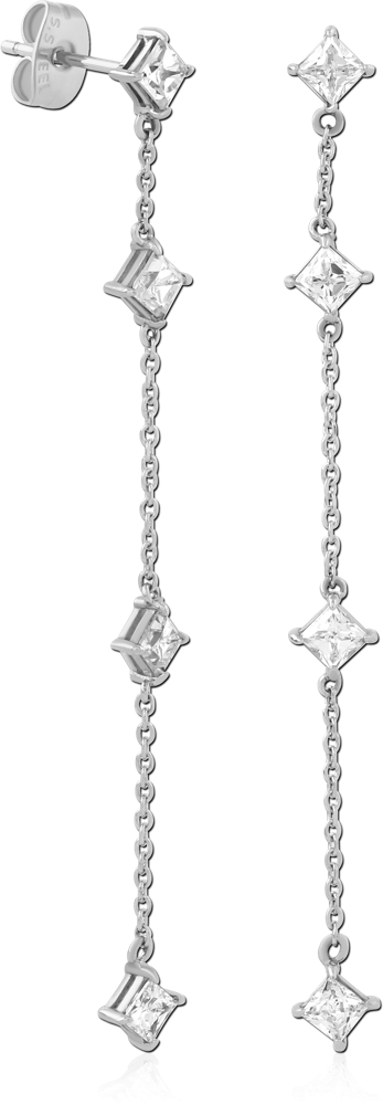 316L SURGICAL STEEL STUD EARRINGS SQUARE GEM CHAIN DROP