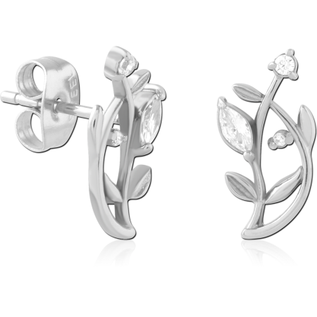 316L SURGICAL STEEL STUD EARRINGS PAIR LEAF BRANCH WITH CLEAR GEMS