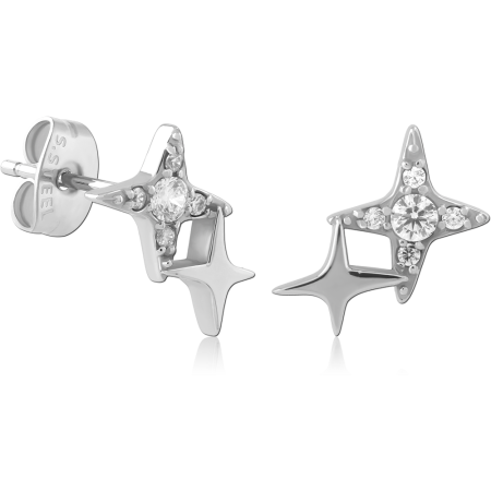 316L SURGICAL STEEL STUD EARRINGS PAIR OPEN STAR WITH CLEAR GEMS