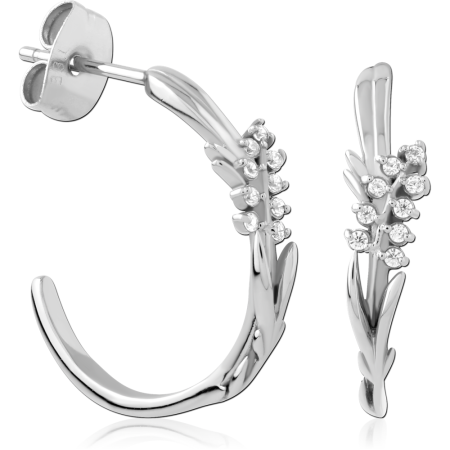 SURGICAL STEEL HOOP EARRINGS LEAF BRANCH WITH CLEAR GEMS DESIGN