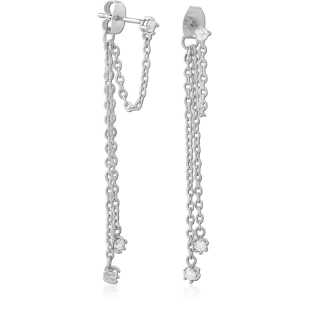 316L SURGICAL STEEL STUD EARRINGS PAIR CHAIN DROP WITH CLEAR CRYSTALS