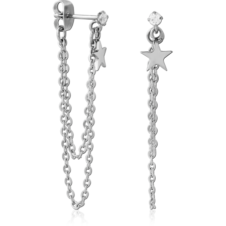316L SURGICAL STEEL STUD EARRINGS CLEAR GEM CHAIN DANGLE WITH STAR CHARMS