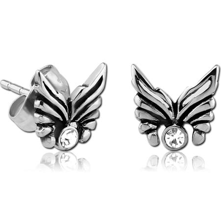 316L SURGICAL STEEL STUD EARRINGS FEATHERED WING DESIGN CLEAR GEM