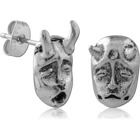 316L SURGICAL STEEL STUD EARRINGS ANTIQUED HORNED MASK FACES DESIGN