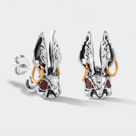 316L SURGICAL STEEL STUD EARRINGS RABBIT HEAD WITH HOOP RINGS AND RED EYES PAIR