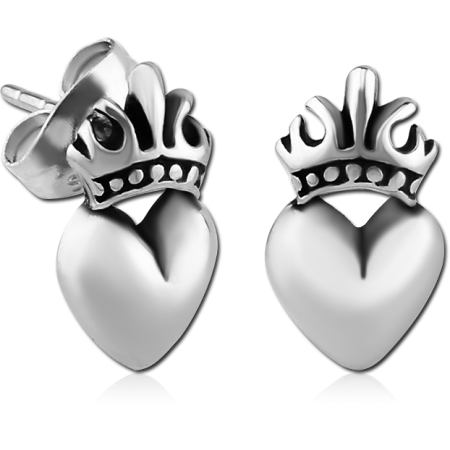 SURGICAL STEEL EAR STUDS PAIR - HEART WITH CROWN