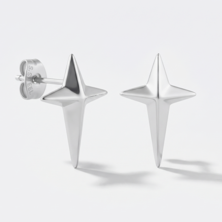 SURGICAL STEEL STUD EARRINGS ELONGATED STAR SPIKE POLISHED DESIGN DETAIL