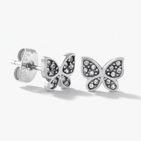 SURGICAL STEEL STUD EARRINGS BUTTERFLY PAVE WINGS CLEAR GEMS DESIGN