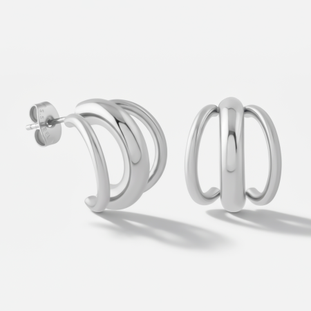 SURGICAL STEEL HOOP EARRINGS TRIPLE BAND ILLUSION DESIGN POLISHED FINISH