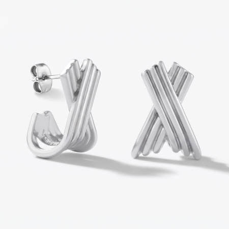 SURGICAL STEEL HOOP EARRINGS OVERLAPPING X BAR LAYERED DESIGN POLISHED FINISH