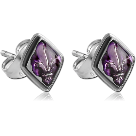 316L SURGICAL STEEL STUD EARRINGS DIAMOND SHAPED PURPLE FLEUR-DE-LIS INLAY DESIGN