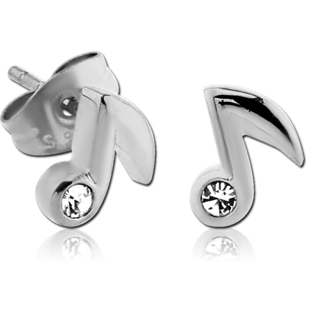 316L SURGICAL STEEL STUD EARRINGS MUSIC NOTE DESIGN CLEAR GEM