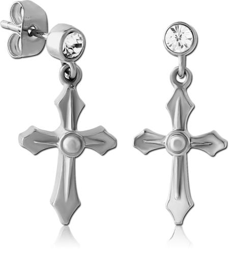 316L SURGICAL STEEL STUD EARRINGS DANGLE CROSS WITH SINGLE CLEAR GEM