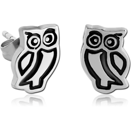316L SURGICAL STEEL STUD EARRINGS OWL OUTLINE BLACK ENAMEL DETAIL DESIGN