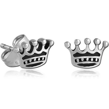 316L SURGICAL STEEL STUD EARRINGS CROWN OUTLINE BLACK ENAMEL DETAIL DESIGN