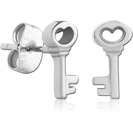 316L SURGICAL STEEL STUD EARRINGS KEY WITH HEART CUTOUT HEAD DESIGN