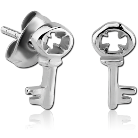 316L SURGICAL STEEL STUD EARRINGS KEY WITH FOUR LEAF CLOVER CUTOUT DESIGN