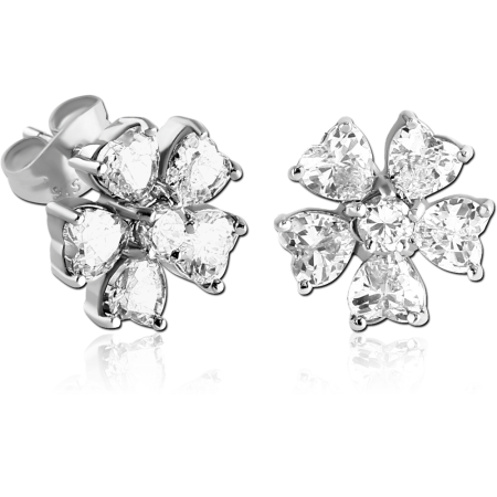 316L SURGICAL STEEL STUD EARRINGS FLOWER CLUSTER WITH HEART SHAPED GEM PETALS