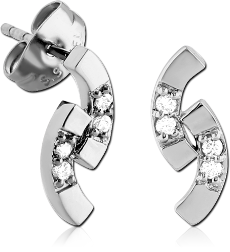 316L SURGICAL STEEL STUD EARRINGS CURVED BAR WITH TRIPLE GEM INLAY