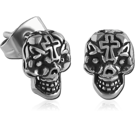 316L SURGICAL STEEL STUD EARRINGS ORNATE SKULL WITH FOREHEAD CROSS DESIGN