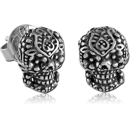 316L SURGICAL STEEL STUD EARRINGS ORNATE SKULL WITH FLORAL PATTERN DESIGN
