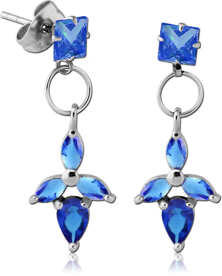 SURGICAL STEEL JEWELED EAR STUDS PAIR - SQUARE WITH DANGLING TRINITY
