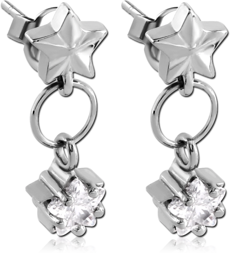 316L SURGICAL STEEL STUD EARRINGS STAR TOP WITH STAR GEM DANGLE