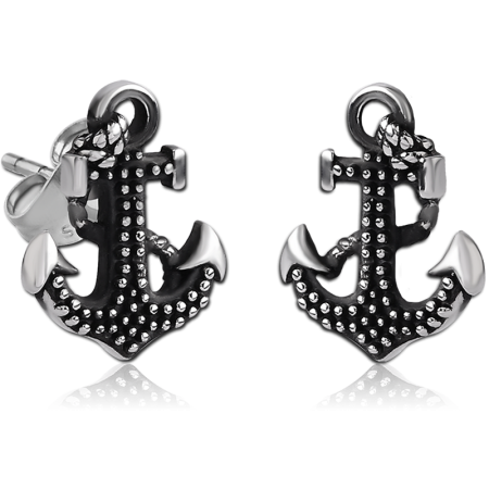 316L SURGICAL STEEL STUD EARRINGS ANCHOR TEXTURED DETAILING BLACK ACCENTS PAIR