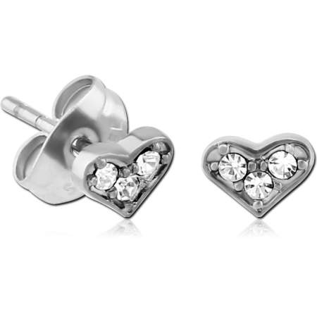 316L SURGICAL STEEL STUD EARRINGS HEART CLEAR GEM TRIO ACCENTS PAIR