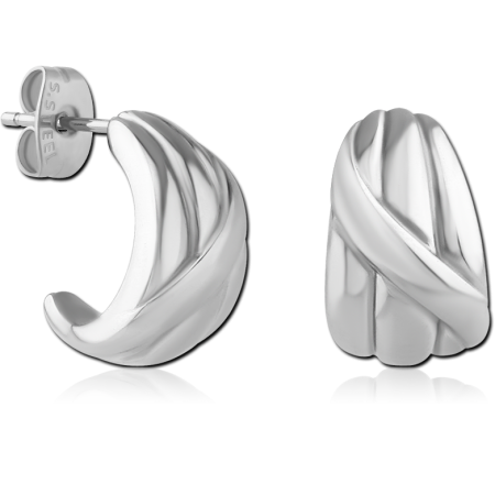 316L SURGICAL STEEL STUD EARRINGS RIDGED HALF HOOP POLISHED FINISH PAIR