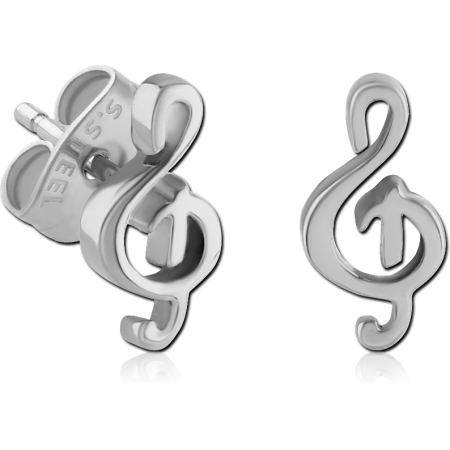 316L SURGICAL STEEL STUD EARRINGS TREBLE CLEF MUSIC NOTE POLISHED PAIR