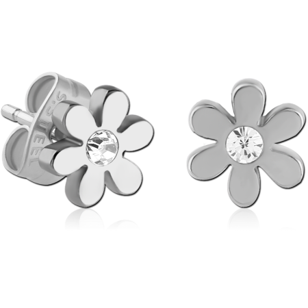 316L SURGICAL STEEL STUD EARRINGS FLOWER PETAL DESIGN WITH CLEAR CENTER GEM PAIR