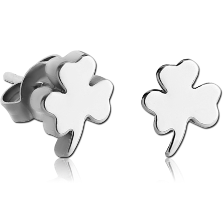 316L SURGICAL STEEL STUD EARRINGS SHAMROCK CLOVER SILHOUETTE FLAT POLISHED FINISH